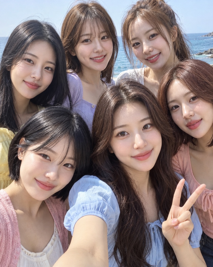 친구들이 함께 찍은 셀카 위에서 레코드가 돌아가는 PICORD 화면